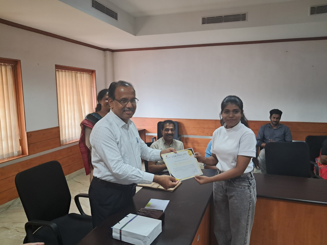 Handing over of Internship Certificate to Ms  Athira Santhosh 2nd Year MBA student of SNGC Kadayiripu Kolenchery